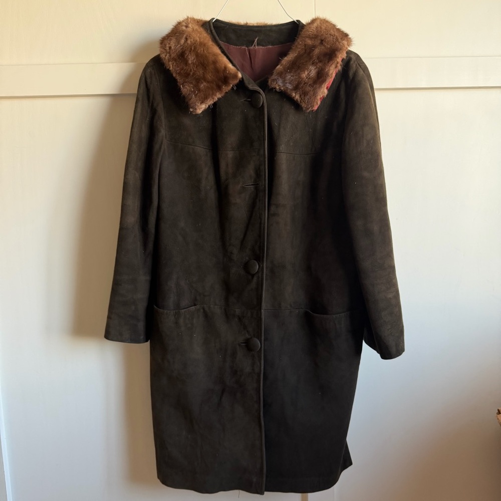 Vintage Brown Leather Trench Coat with Real Fur Collar Women Size 18